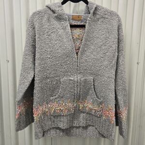 POL Gray Hooded Cardigan with Floral Accents